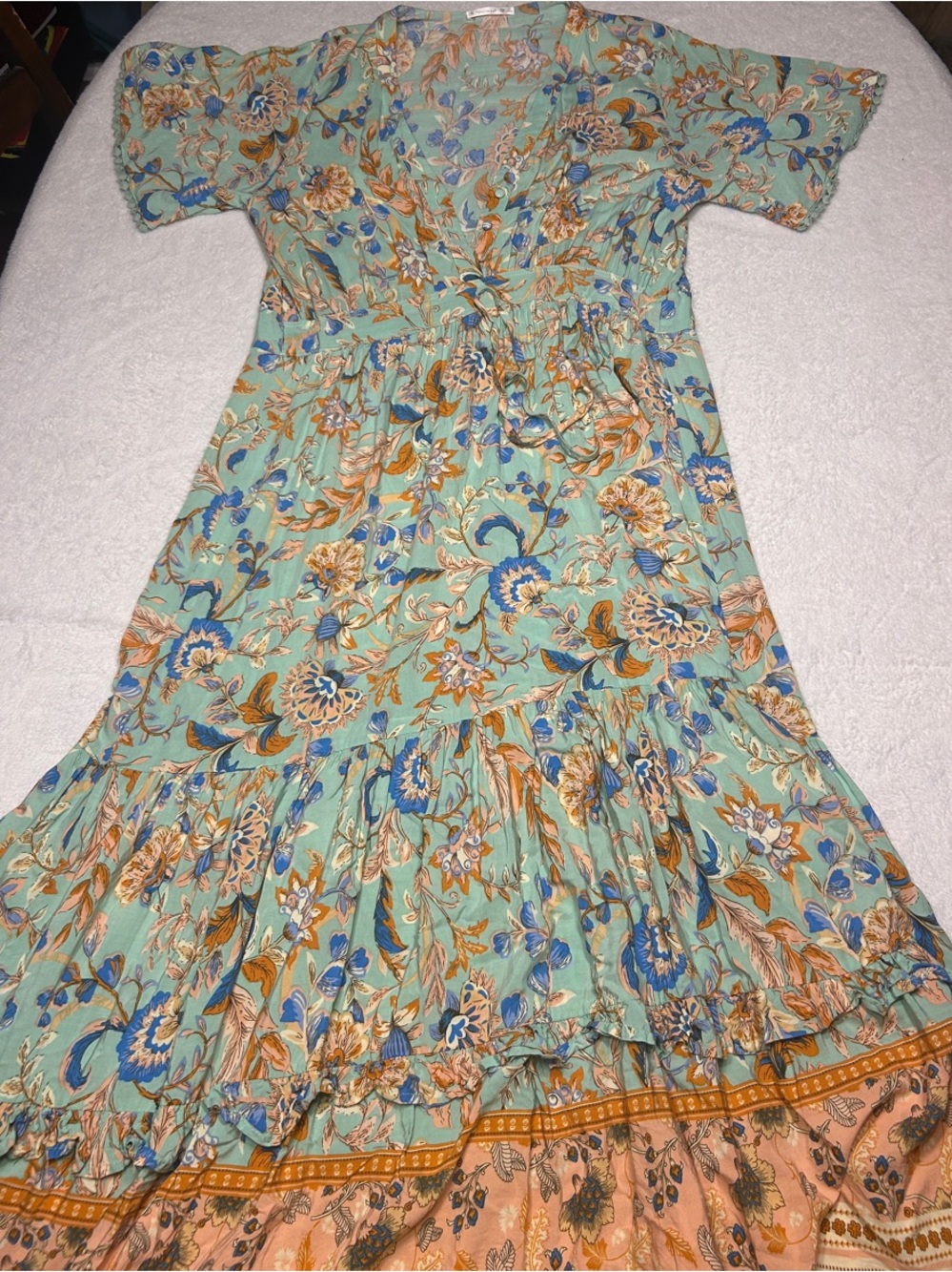 R. Vivimos Floral Tiered Maxi Dress in Mint and Peach-L
